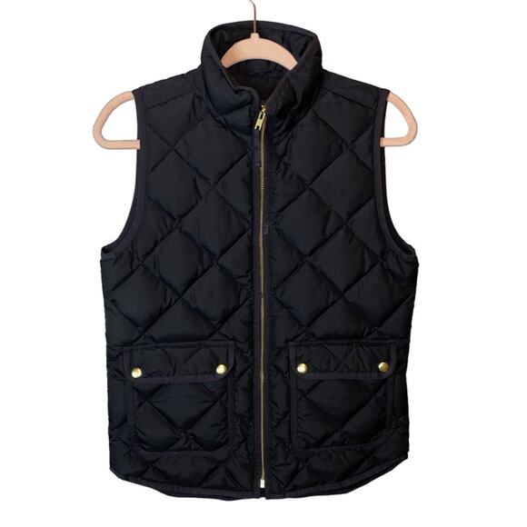 J. Crew Jackets & Blazers - J.Crew Black Diamond Down Quilted Puffer Vest XS Gold Snap Zip Front